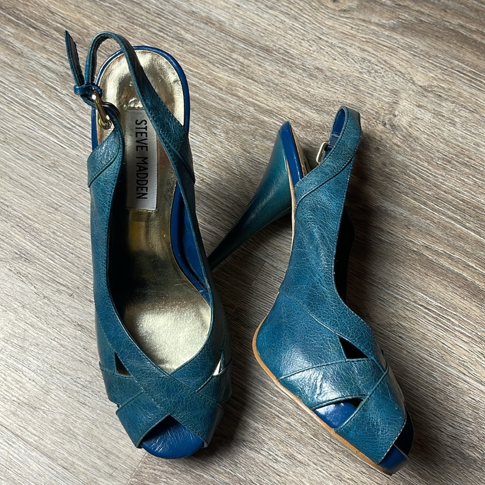 Steve Madden Leather Marlene Teal Peep Toe Heels